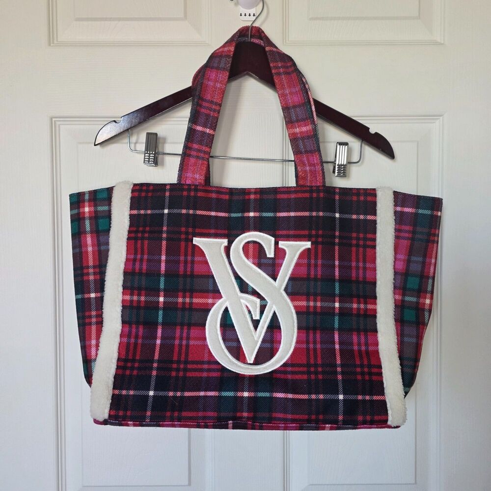 Victoria’s Secret Holiday Plaid Sherpa Fleece Trim Large Monogram Logo Tote Bag